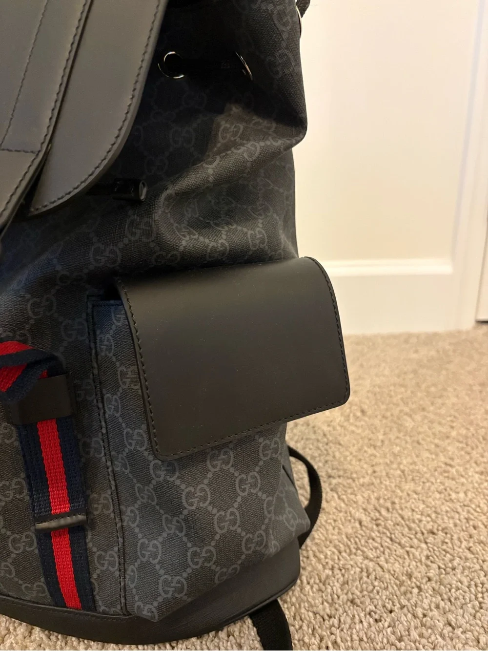 Brand New Gucci  Black GG Supreme Backpack with Red and Blue Web Straps